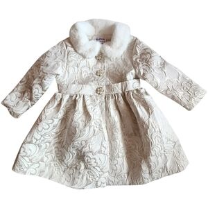 BLUBERI BOULEVARD Girls Coat White Brocade Faux Fur Collar Holiday 2T